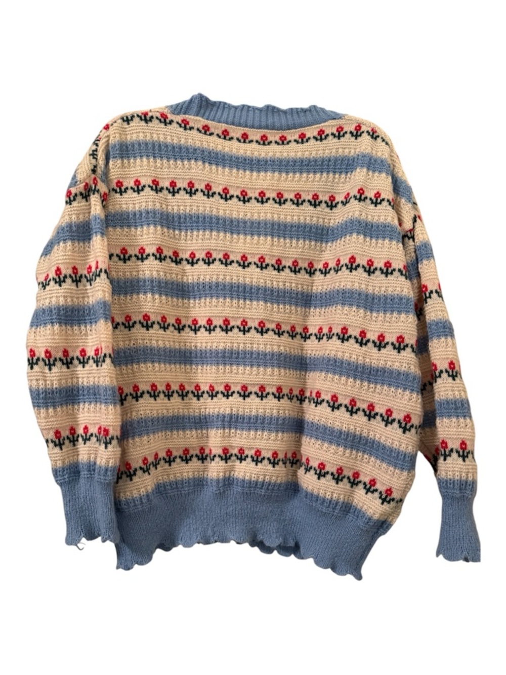 SHEIN Curve Floral Stripe Button Cardigan Sweater 1XL Cottagecore Blue Cream - Picture 2 of 8